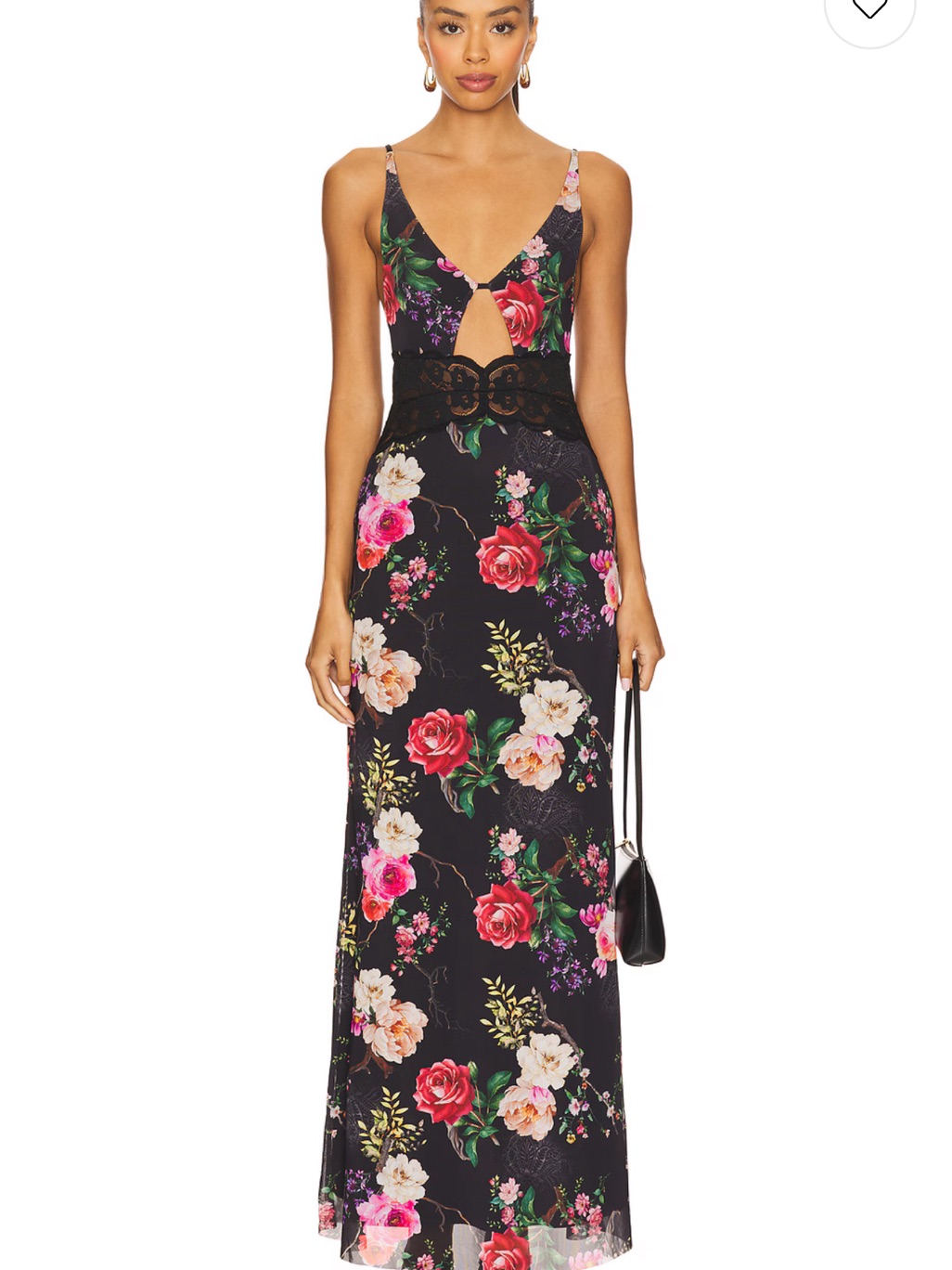 Afrm Black Maxi Dress With Pink & Red Floral Print